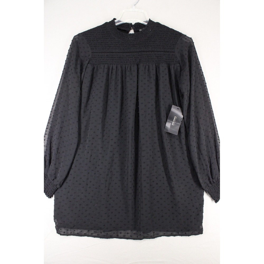 Zara Basic Swiss Dot Smocked Tunic Dress Womens Large Black Chiffon Boho Minimal